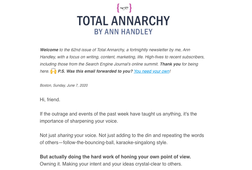El boletín de Ann Handley como ejemplo de copia de correo electrónico eficaz que convierte